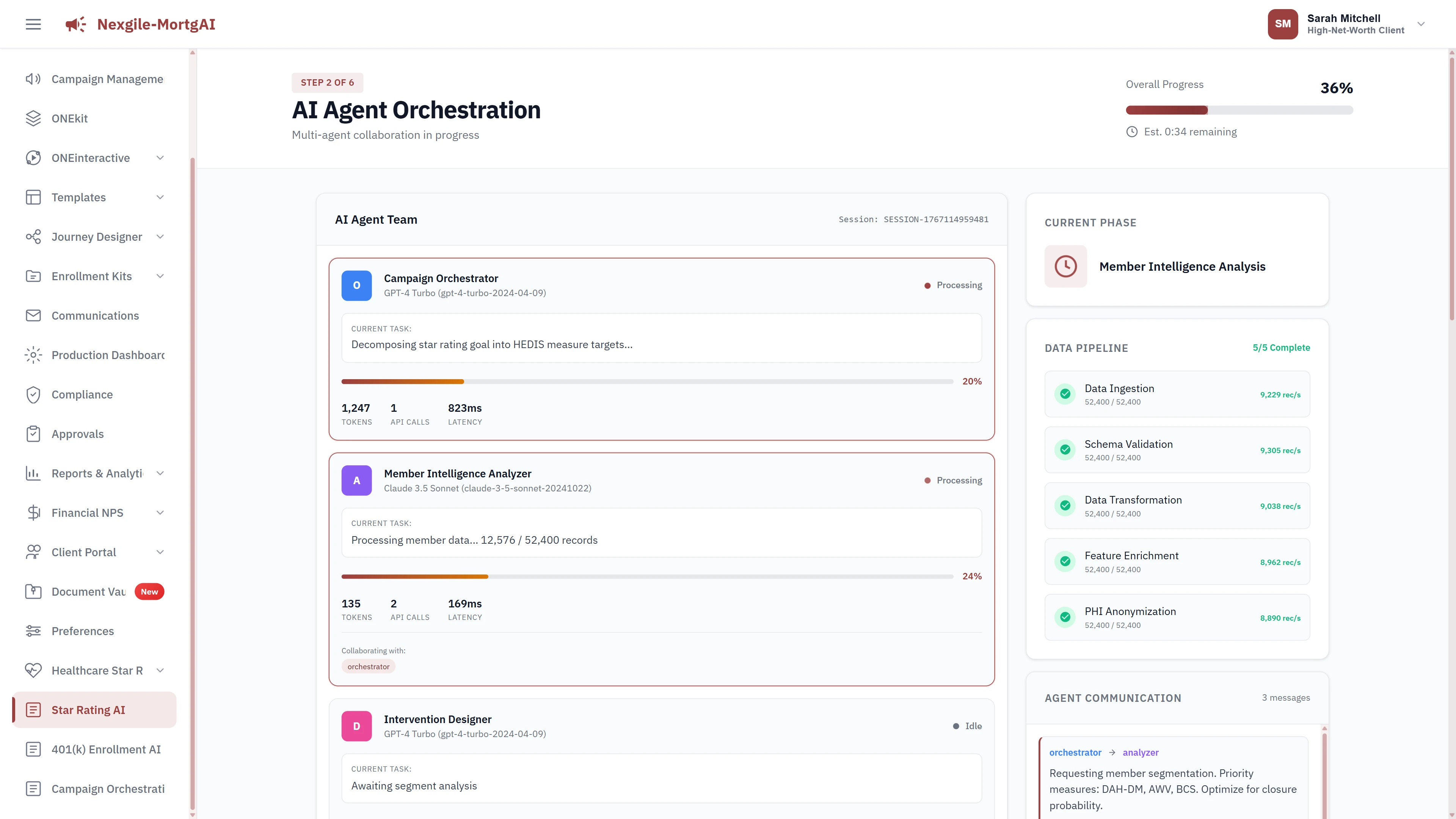 AI Agent Orchestration showing multi-agent collaboration and data pipeline progress.